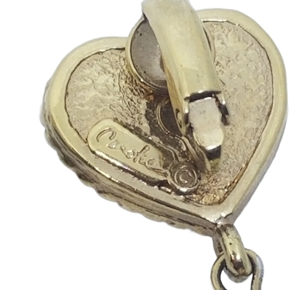 CAROLEE VINTAGE GOLDTONE CRYSTAL HEART & FAUX PEARL DROP CLIP ON EARRINGS - Picture 6 of 6